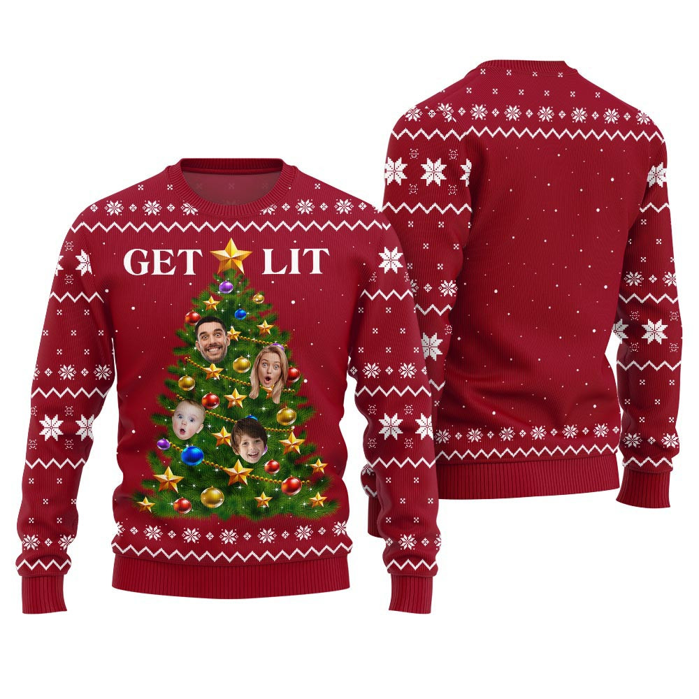 Get Lit Ugly Christmas Sweater Custom Face Family Members Xmas Sweaters For Women