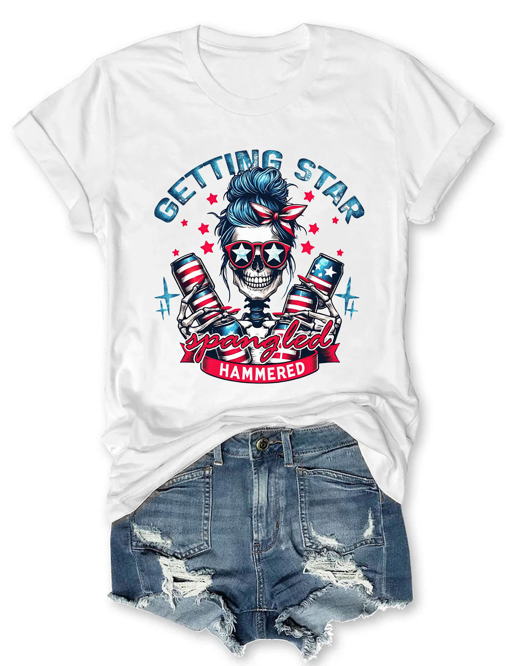 Getting Star Spangled Hammered T-Shirt Skeleton Graphic Humorous Clothes Present For Her