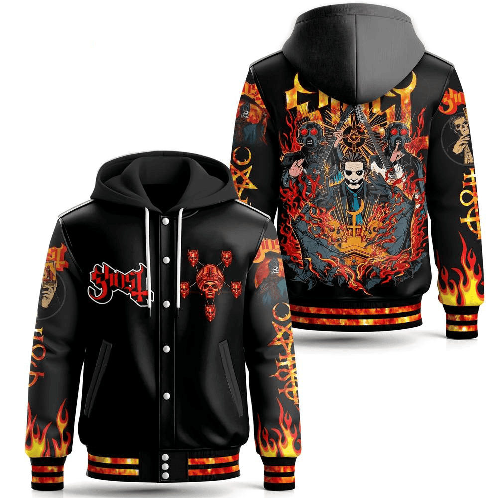 Ghost Band On Fire Limited Edition Hooded Baseball Jacket Ghost Merch Top Father's Day Gifts