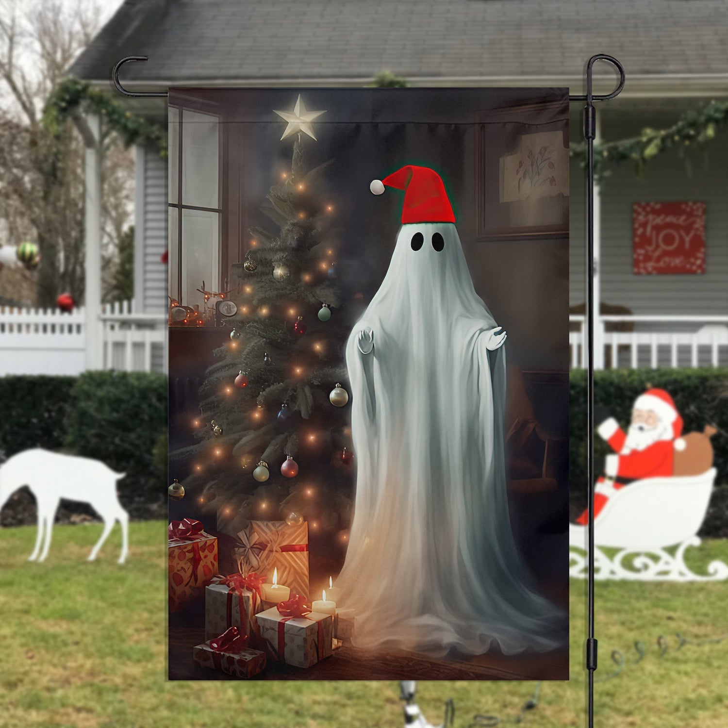 Ghost Besides Xmas Tree Christmas Garden Flag Christmas Decor Ghost Lovers Gift