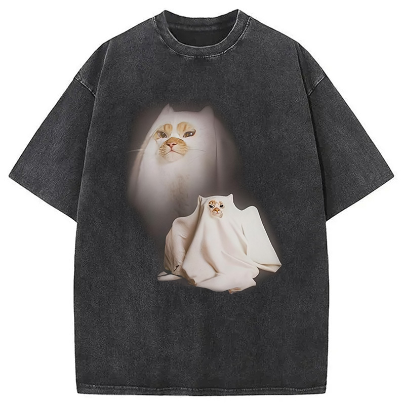 Ghost Cat Meme Washed T-Shirt Casual Oversized Outfit Style Gifts For Sister