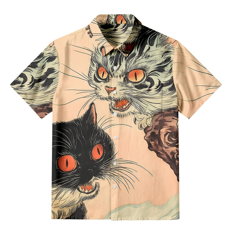 Ghost Cat Riot Button Up Shirt Animal Pattern Mythology Shirt Gifts For Cat Lovers