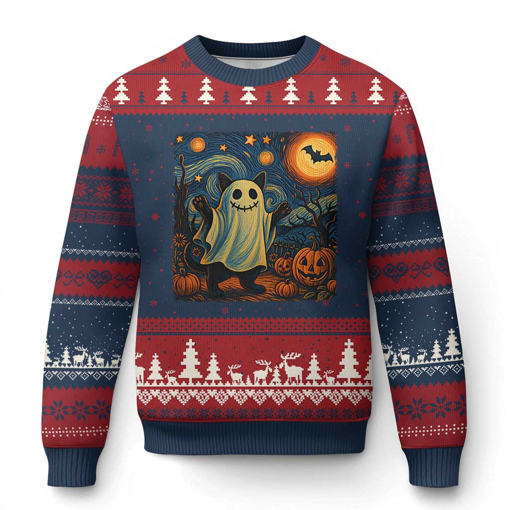 Ghost Cat Ugly Christmas Sweater Starry Night Van Gogh Cat Lover Gifts