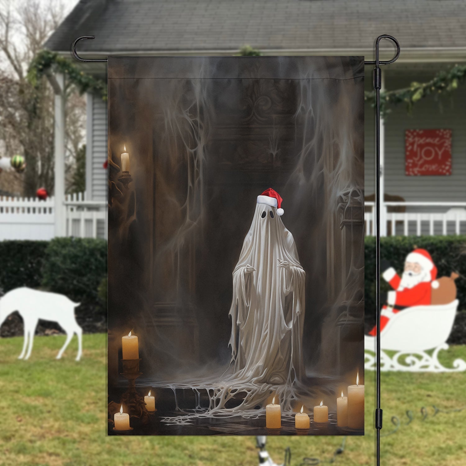 Ghost In The Dark House Xmas Garden Flag Spooky Ghost Themed Christmas Flag Gift