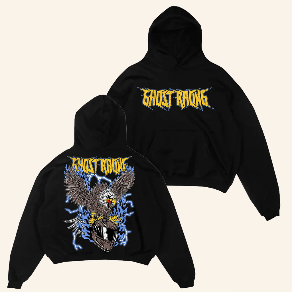 Ghost Racing Merch Blue Flaming Eagle Hoodie Xmas Presents For Him