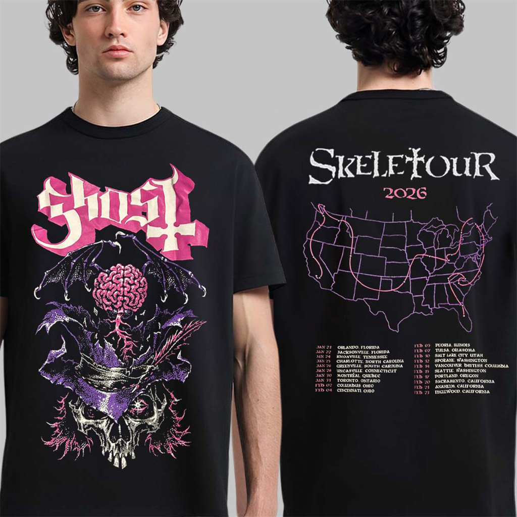 Ghost Skeletour 2026 Merch Brain Skeleton With Dates Back Two Sided T-Shirt Goose Merch