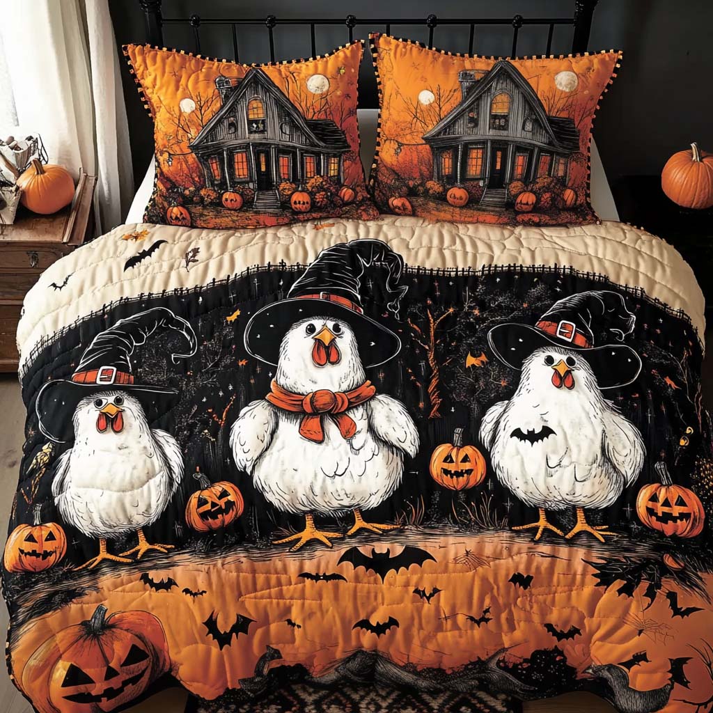 Ghostly Autumn Eve Quilted Bedding Set Halloween Bed Spread Chicken Themed Gifts