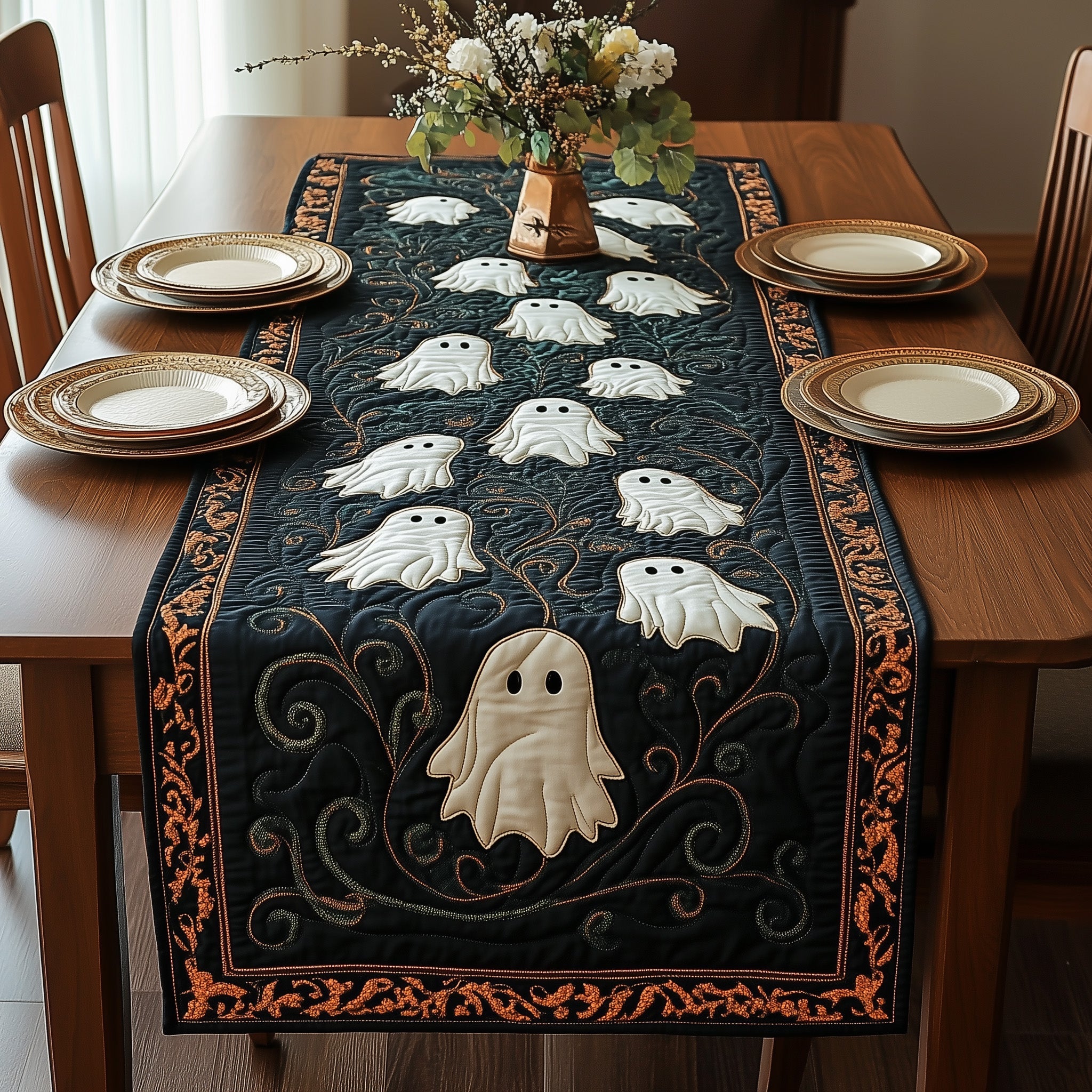 Ghostly Gathering Quilted Table Runner Holiday Dinner Table Runner