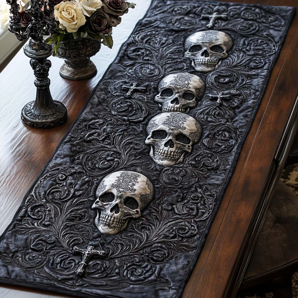 Ghostly Grace Quilted Table Runner Sugar Skull Table Runner Gifts For Family