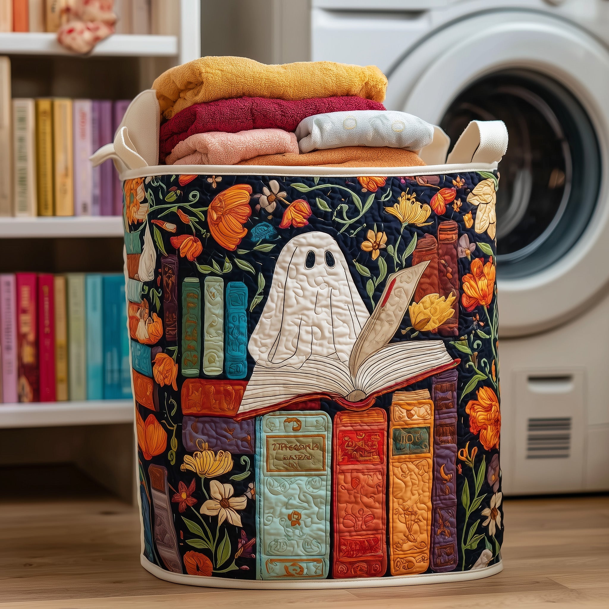 Ghostly Library Quilted Laundry Basket Halloween Anniversary Gifts