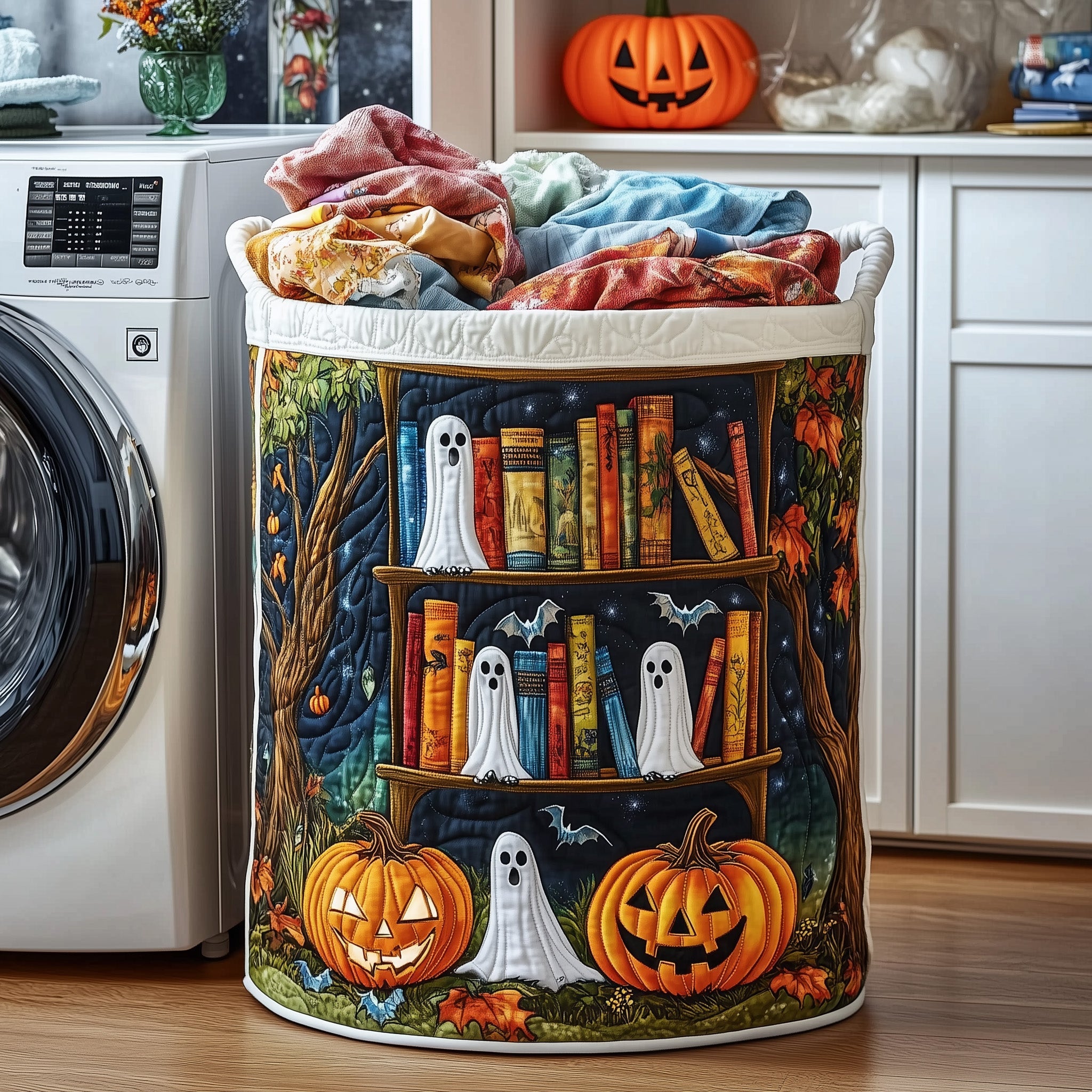 Ghostly Library Quilted Laundry Basket Halloween Gifts For Her