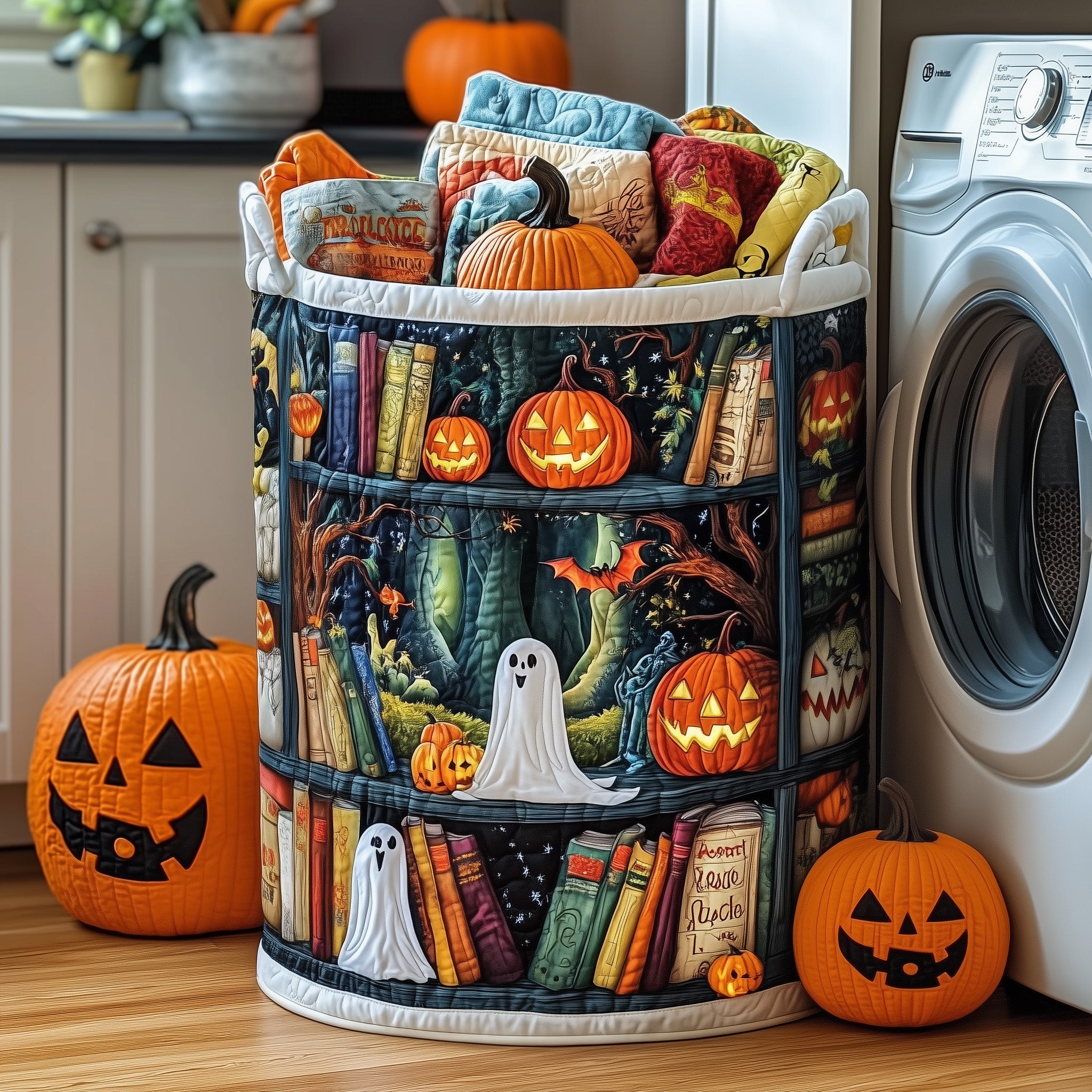 Ghostly Library Quilted Laundry Basket Halloween Gifts For Teens