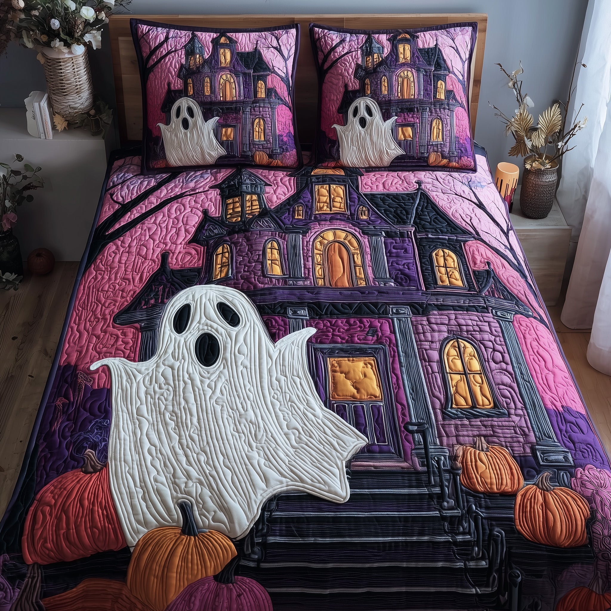 Ghostly Nights Quilted Bedding Set Machine Washable