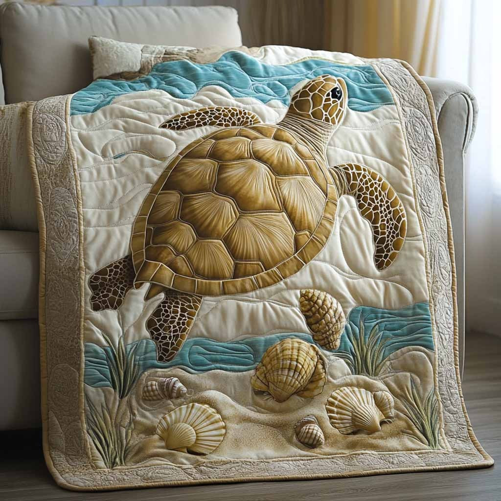Giant Sea Turtle Quilted Blanket Sandy Beach Coastal Decor Best Gift For Beach Lovers
