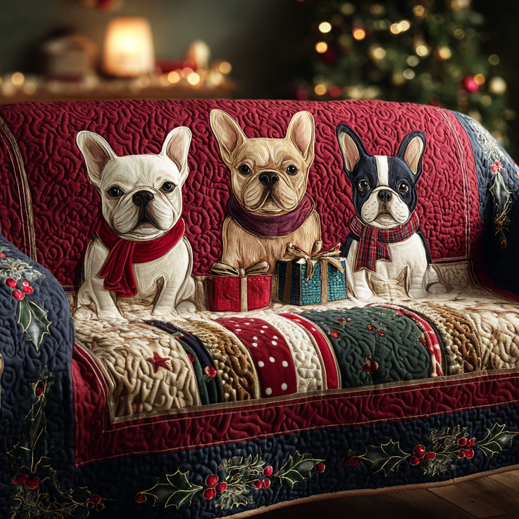 Gift Box Frenchies Quilted Sofa Cover Living Room Winter Decor Gifts For Frenchie Lovers