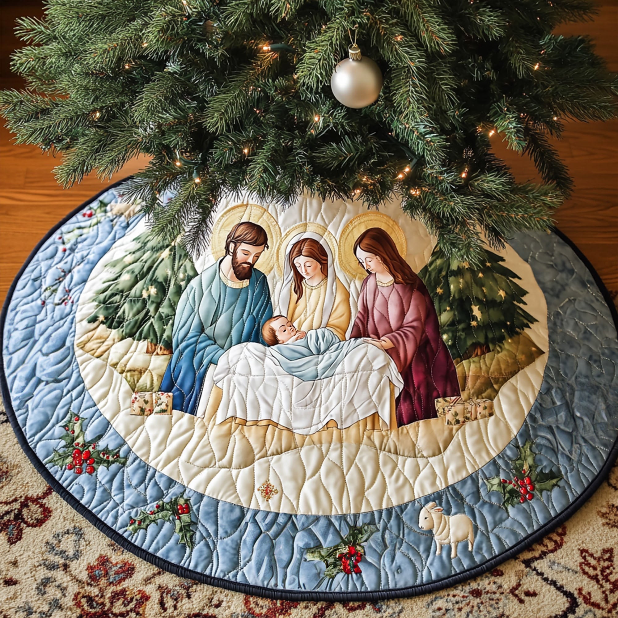 Gift Of Magi Quilted Christmas Tree Skirt Seasonal Tree Area Decoration Xmas Under-Tree Decoration