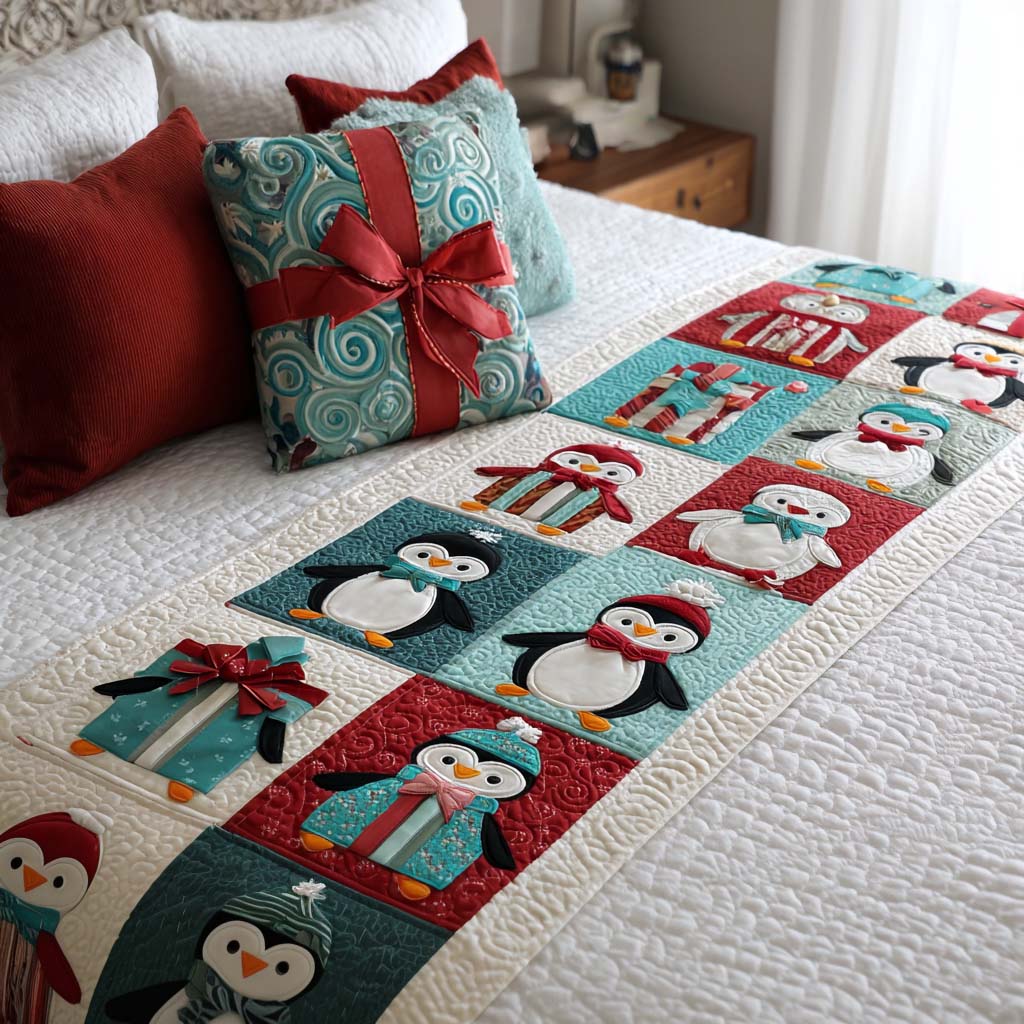 Gift Penguins Quilted Bed Runner Bedroom Holiday Decor Christmas Ideas 2025
