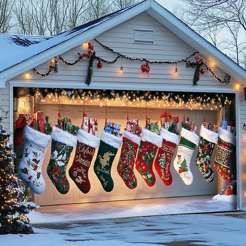 Gift Socks Hanging Christmas Garage Door Cover Xmas Garage Cover Decor Presents For Him