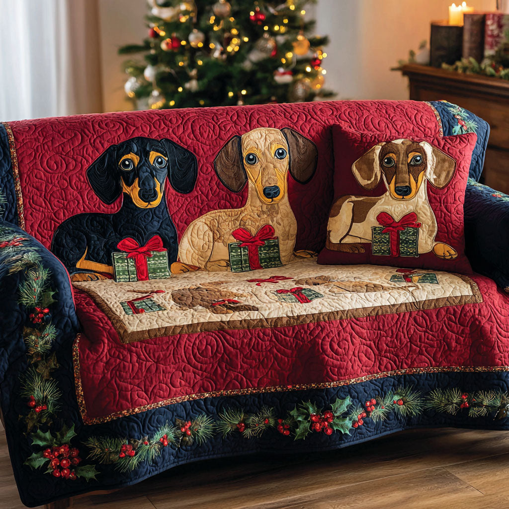 Gifted Little Paws Quilted Sofa Cover Living Room Winter Decor Unique Dachshund Gifts