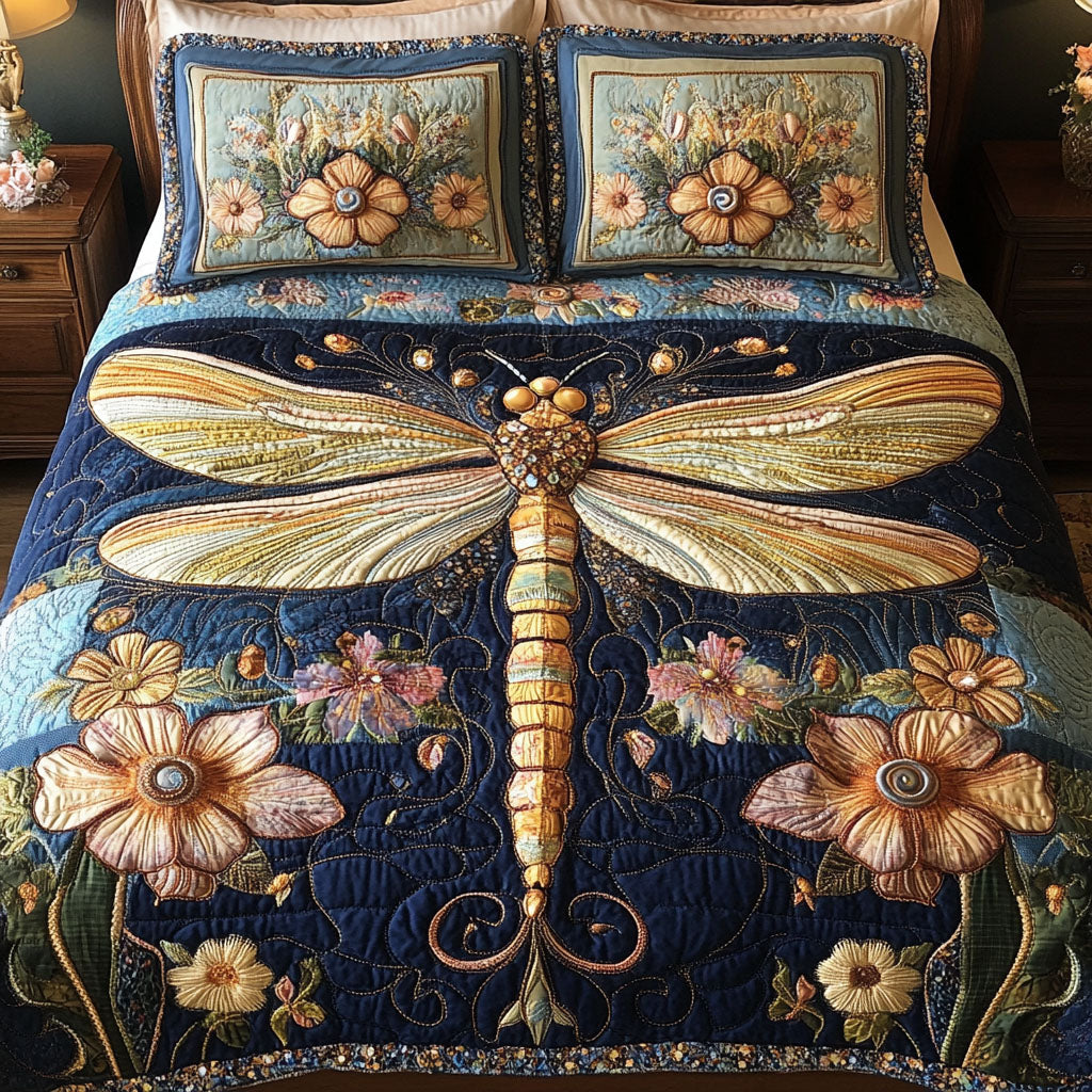 Gilded Elegance Quilted Bedding Set Bedroom Decorations Gift For Someone Who Loves Dragonflies