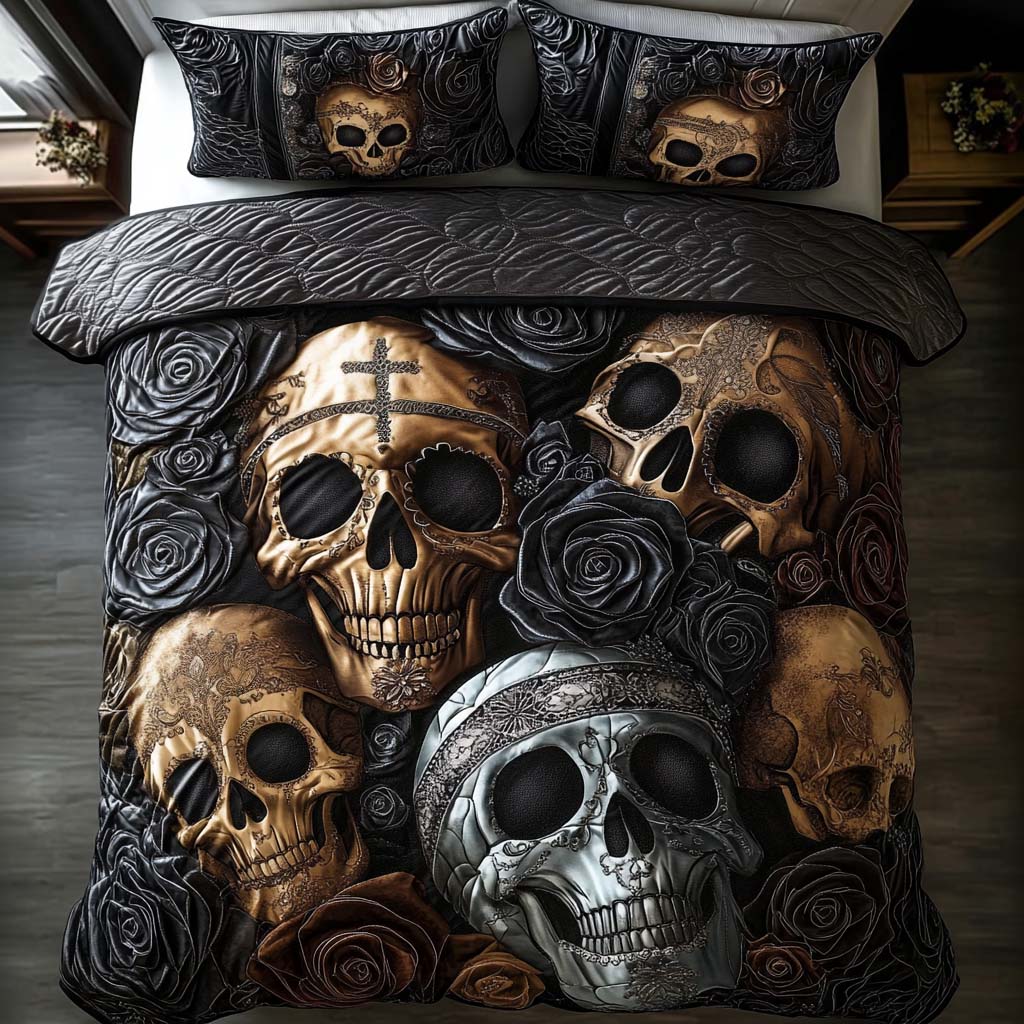 Gilded Grins Quilted Bedding Set Best Bed Sheet Set Cool Skull Gifts