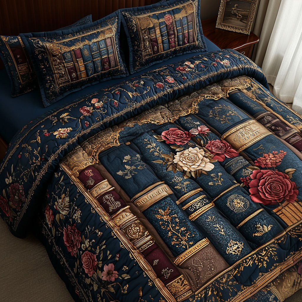 Gilded Literary Dreams Quilted Bedding Set Xmas Holiday Duvet Cover Set Book Presents For Best Friends