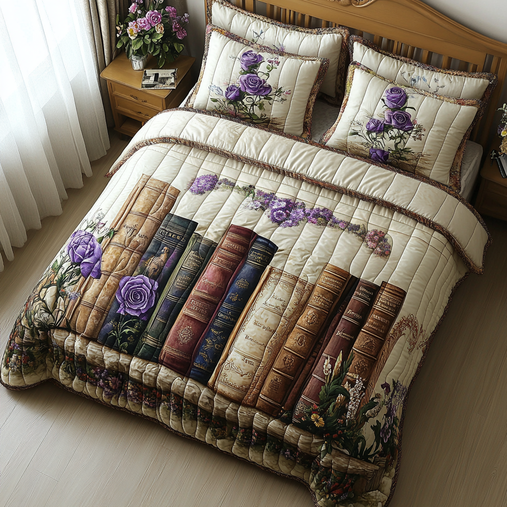 Gilded Pages Quilted Bedding Set Bedroom Decor Book Gifts For Ladies
