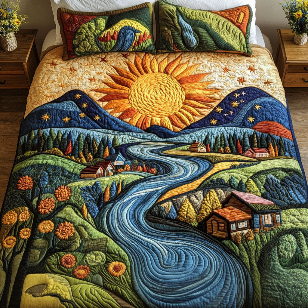 Gilded Slopes Quilted Bedding Set Mountain Winter Bedroom Decor Gift For Nature Lovers