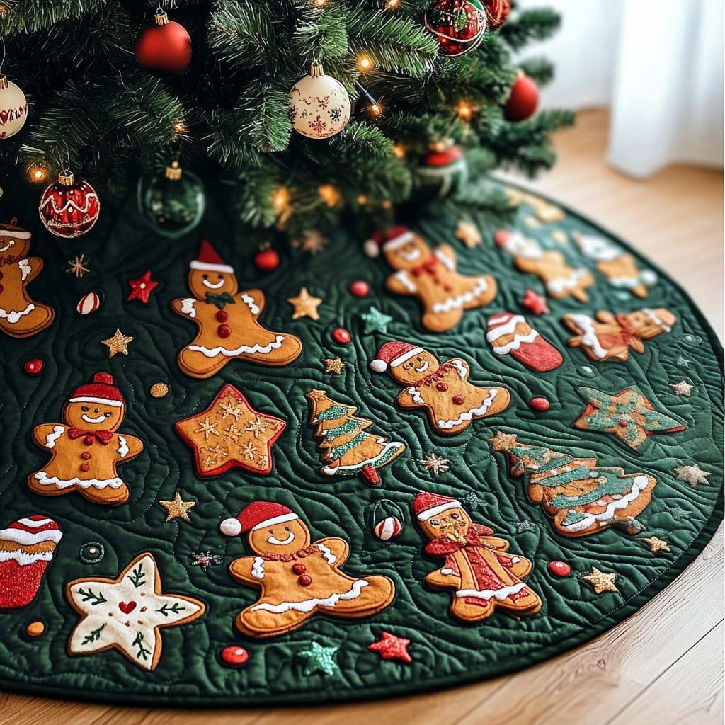 Ginger Delight Christmas Quilted Tree Skirt Festive Decor Gingerbread Lover Christmas Gifts