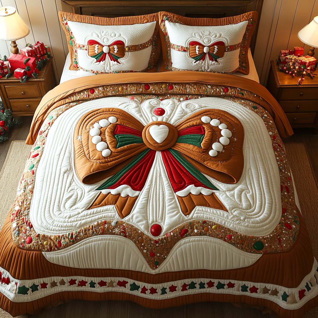 Gingerbread Bow Quilted Bedding Set Aesthetic Room Decor Christmas Gifts For Church Members