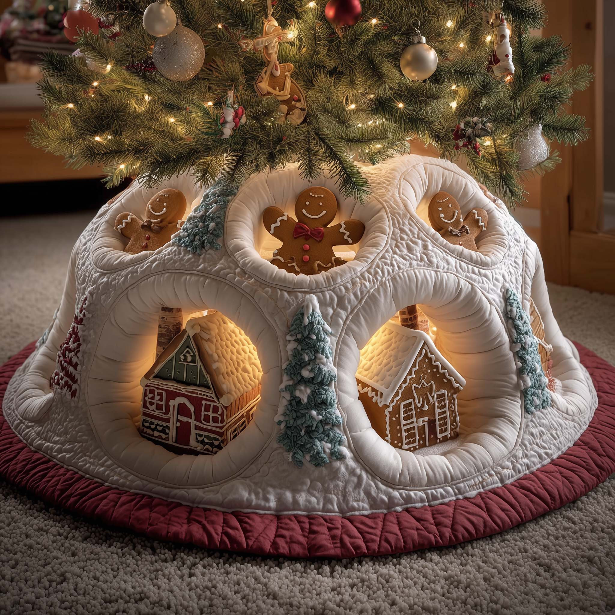 Gingerbread Burrow Quilted Tree Skirt Rustic Home Decor Christmas Gift For Enthusiasts