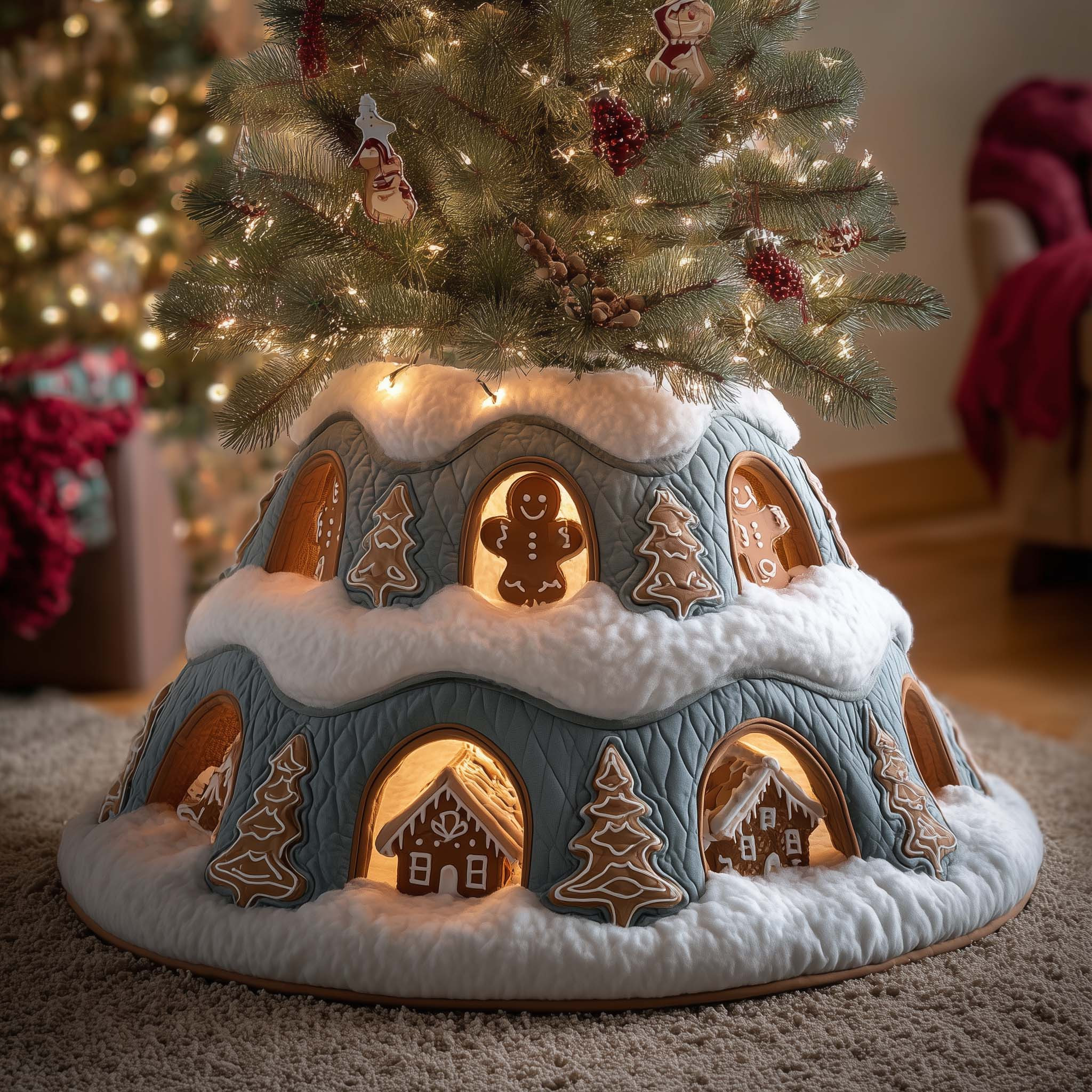 Gingerbread Burrow Quilted Tree Skirt Rustic Home Decor Christmas Gift Ideas