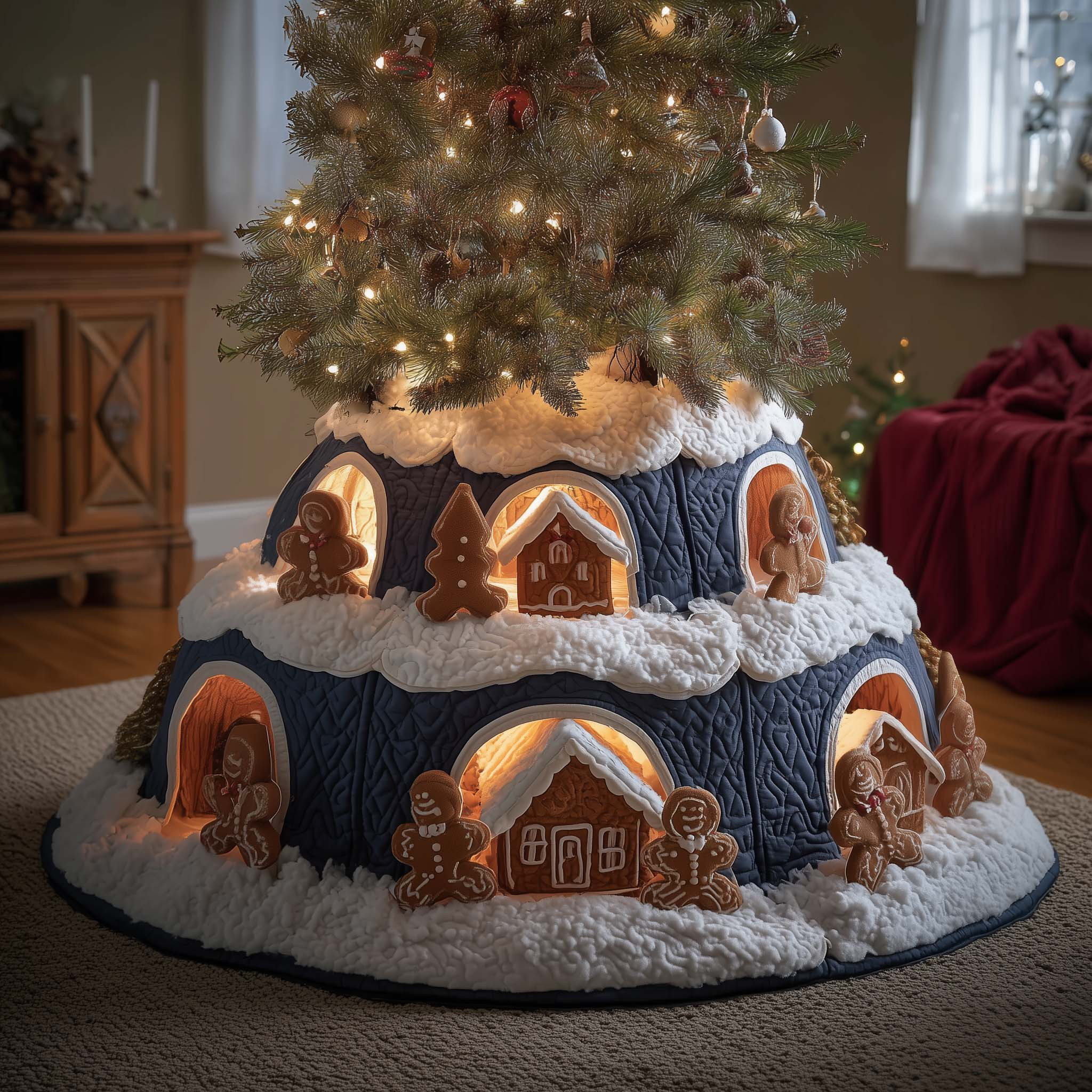 Gingerbread Burrow Quilted Tree Skirt Rustic Home Decor Christmas Gifts For Grandma