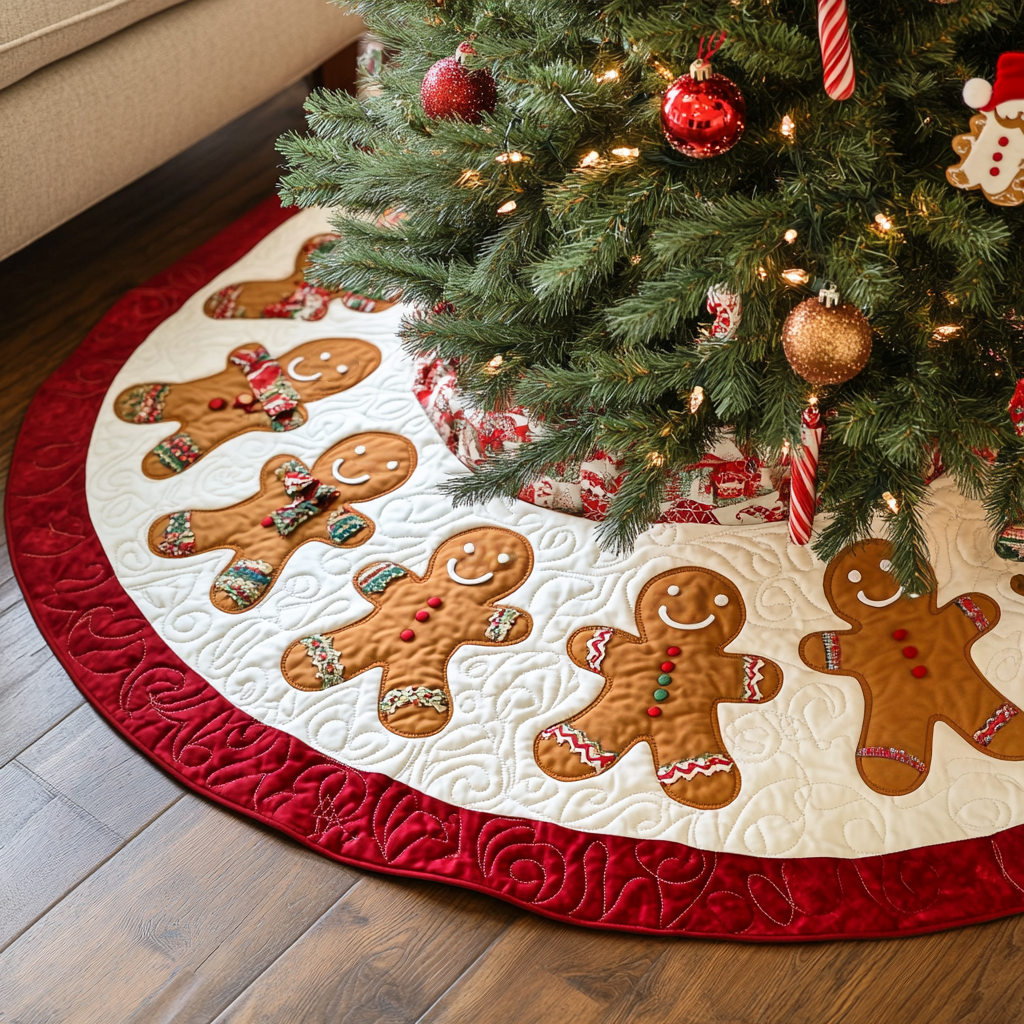 Gingerbread Charm Christmas Quilted Tree Skirt Holiday Party Decor for Home
