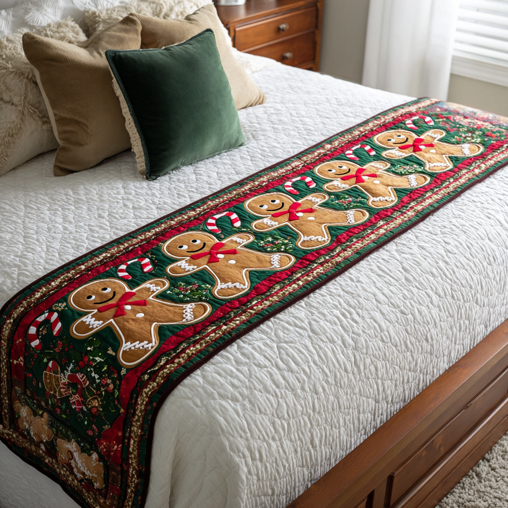 Gingerbread Cheer Quilted Bed Runner Christmas Bed Runner Family Xmas Presents