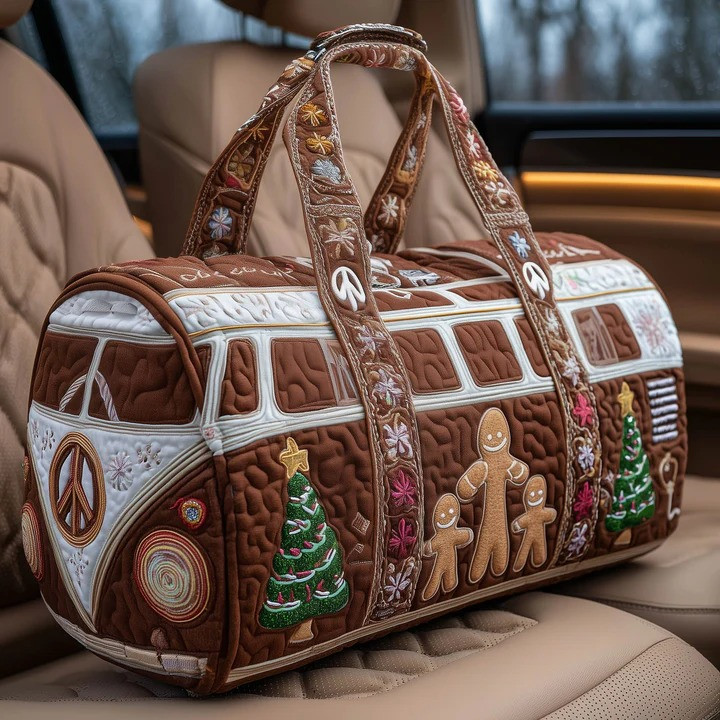 Gingerbread Christmas Bus Quilted Duffle Bag Holiday Travel Bag Best Gift For Christmas Lovers