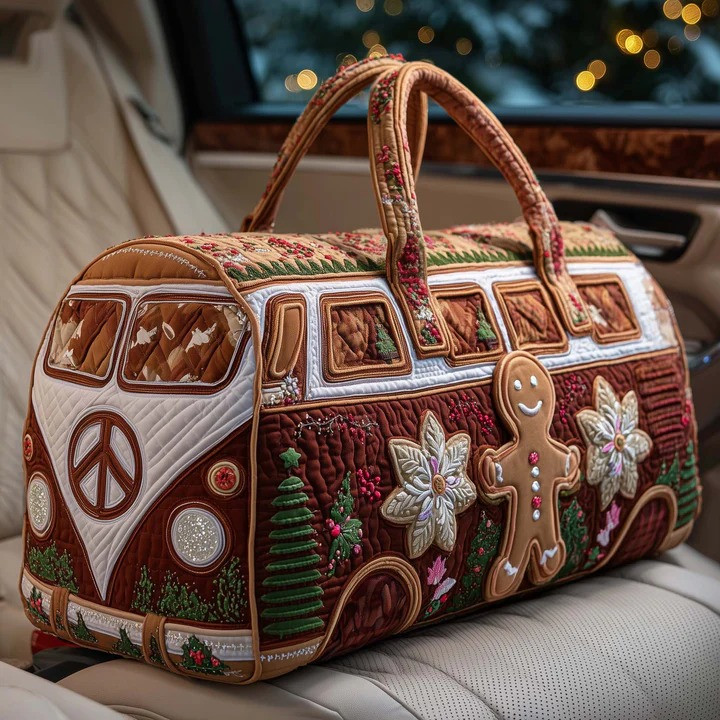 Gingerbread Christmas VW Bus Vintage Quilted Duffle Bag Holiday Travel Bag Gift For Christmas