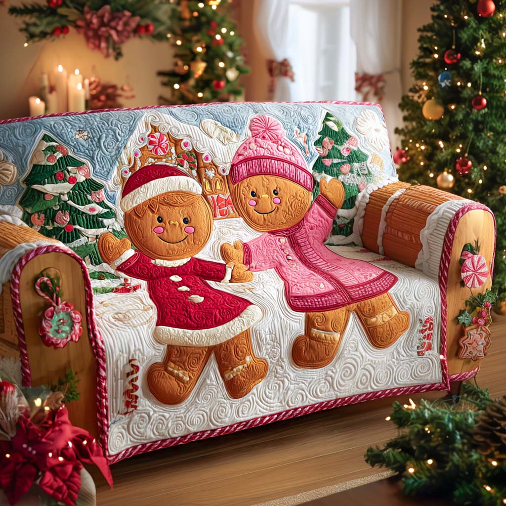 Gingerbread Cozy Hug Quilted Sofa Cover Living Room Winter Decor Gifts For Family