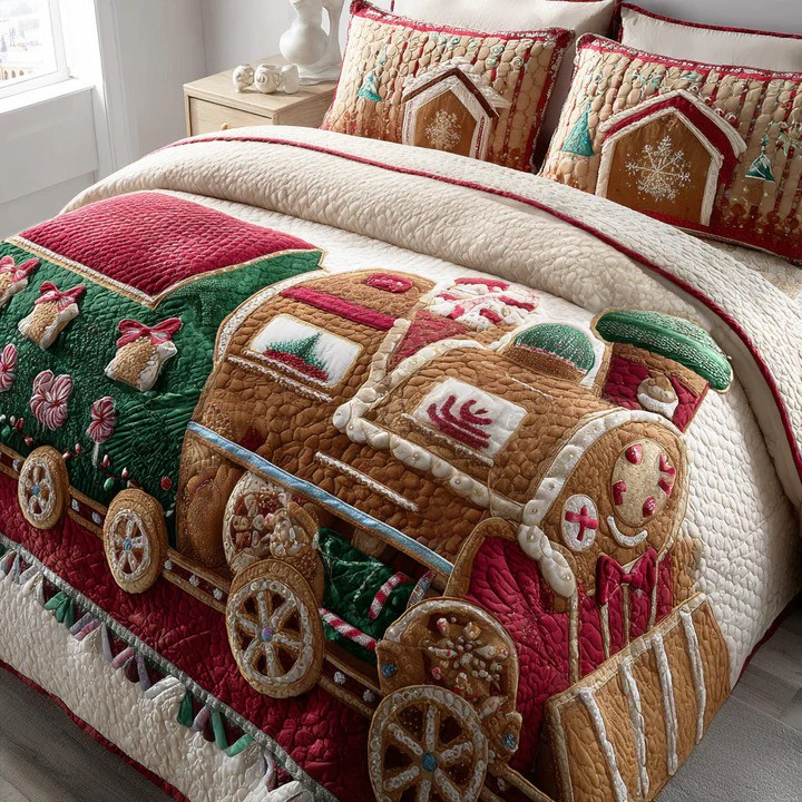 Gingerbread Cozy Lane 3-Piece Quilted Bedding Set Christmas Holiday Bedspread Best Xmas Gift
