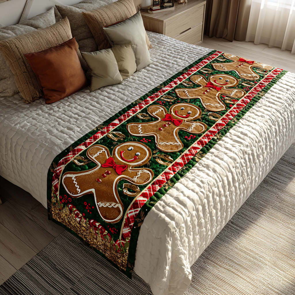 Gingerbread Delight Quilted Bed Runner Christmas Bed Scarf Family Xmas Gift Ideas