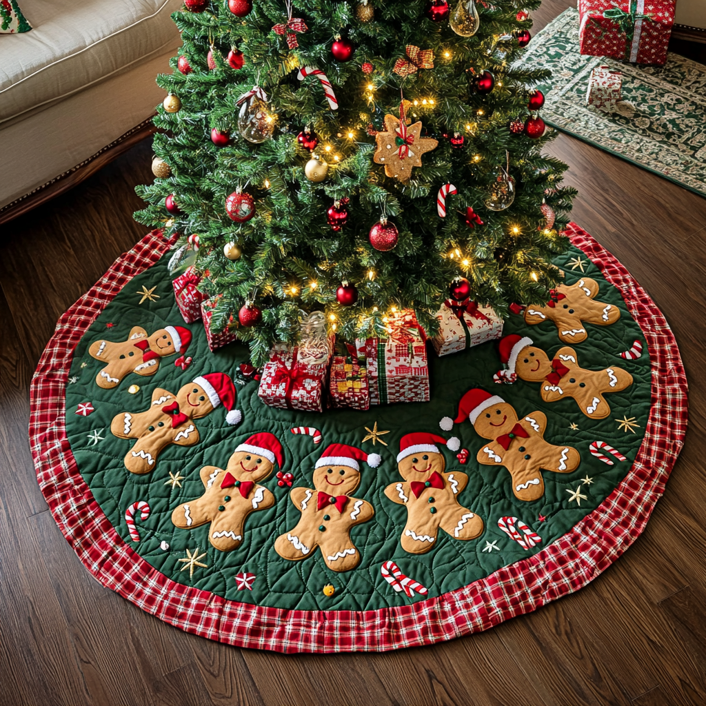 Gingerbread Delightland Christmas Quilted Tree Skirt Lovely Holiday Tree Skirt for Festive Vibes