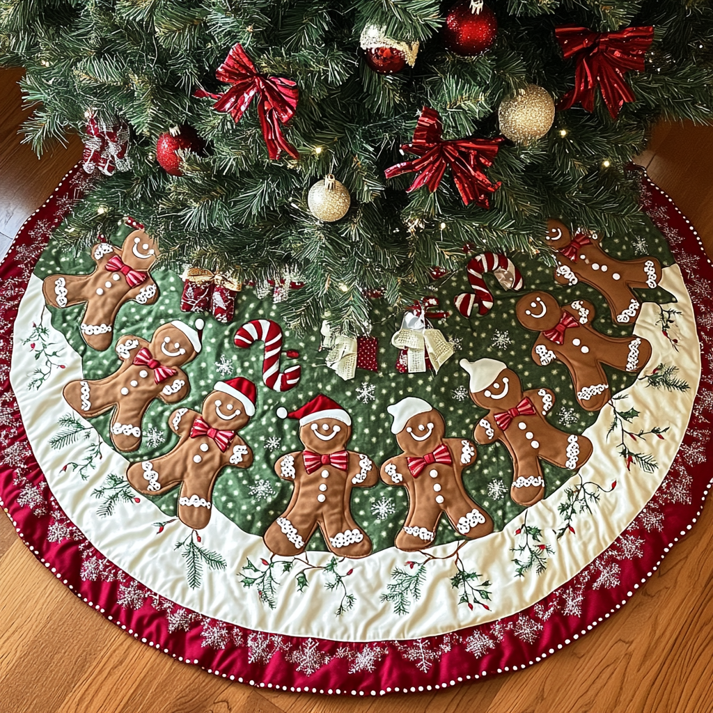 Gingerbread Dreams Christmas Quilted Tree Skirt Holiday Tree Base Decoration Family Holiday Gathering Decor