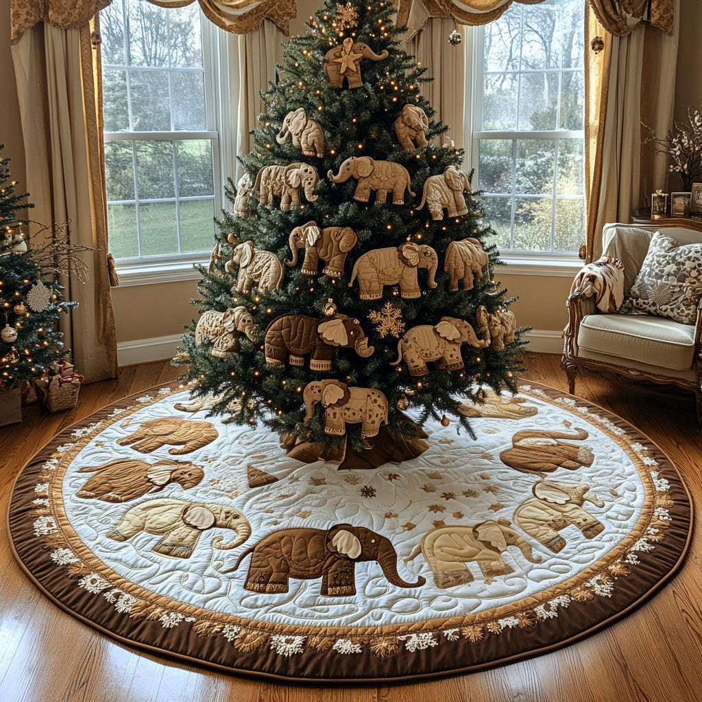 Gingerbread Elephant Parade Quilted Christmas Tree Skirt Holiday Home Decor Xmas Gift For Elephant Lovers