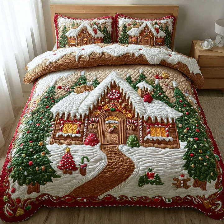 Gingerbread Hearth Magic 3-Piece Quilted Bedding Set Christmas Cozy Holiday Bedspread Gift Ideas
