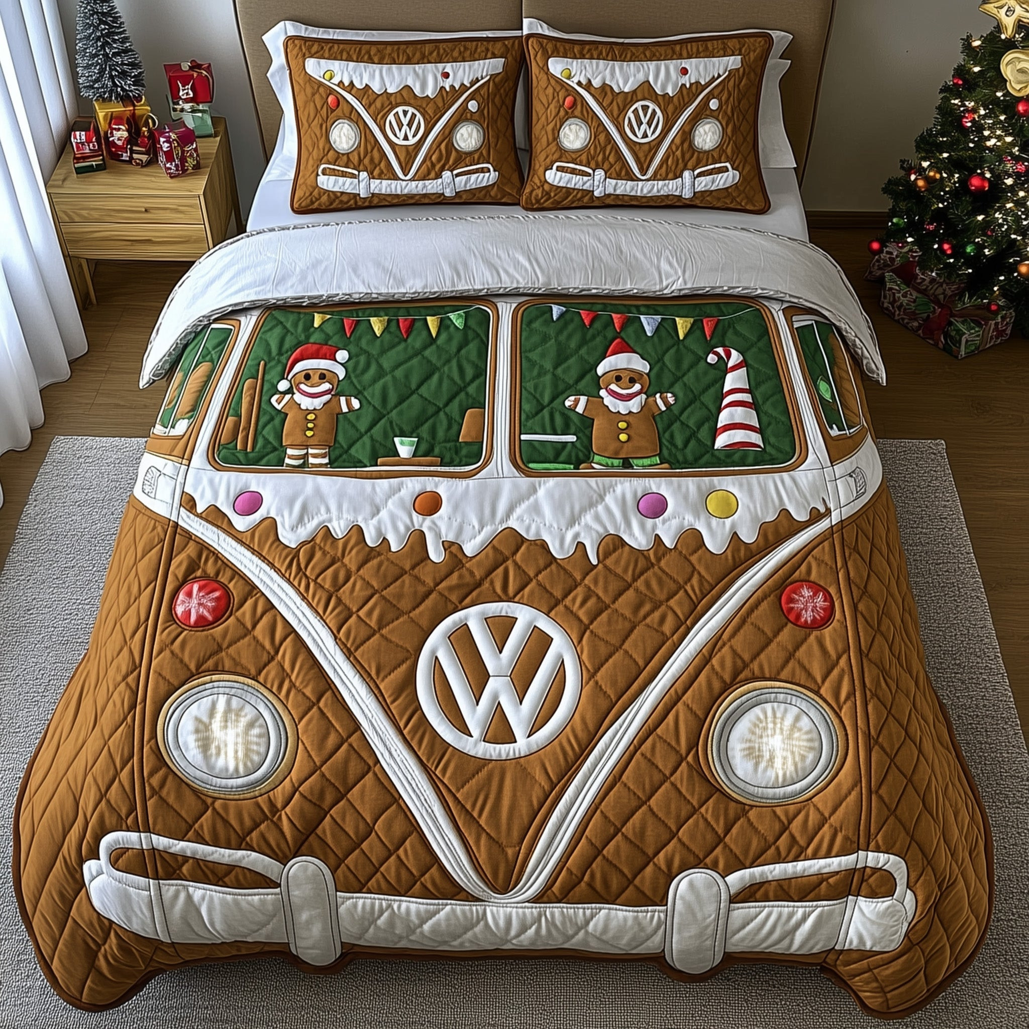 Gingerbread Holiday Camper Quilted Bedding Set Retro Christmas Van Happy Christmas Day Gifts