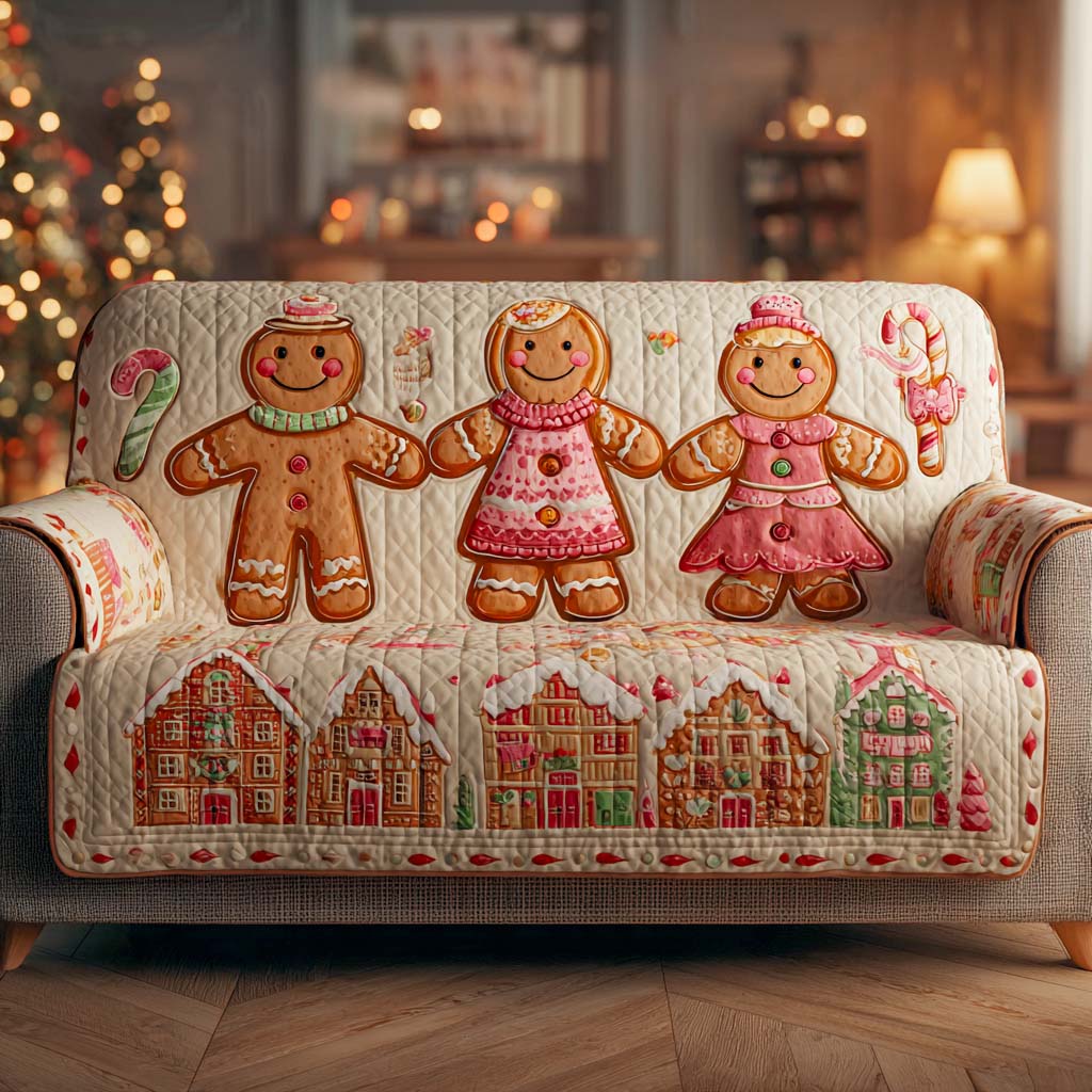 Gingerbread House Joy Quilted Sofa Cover Christmas Living Decor Family Presents