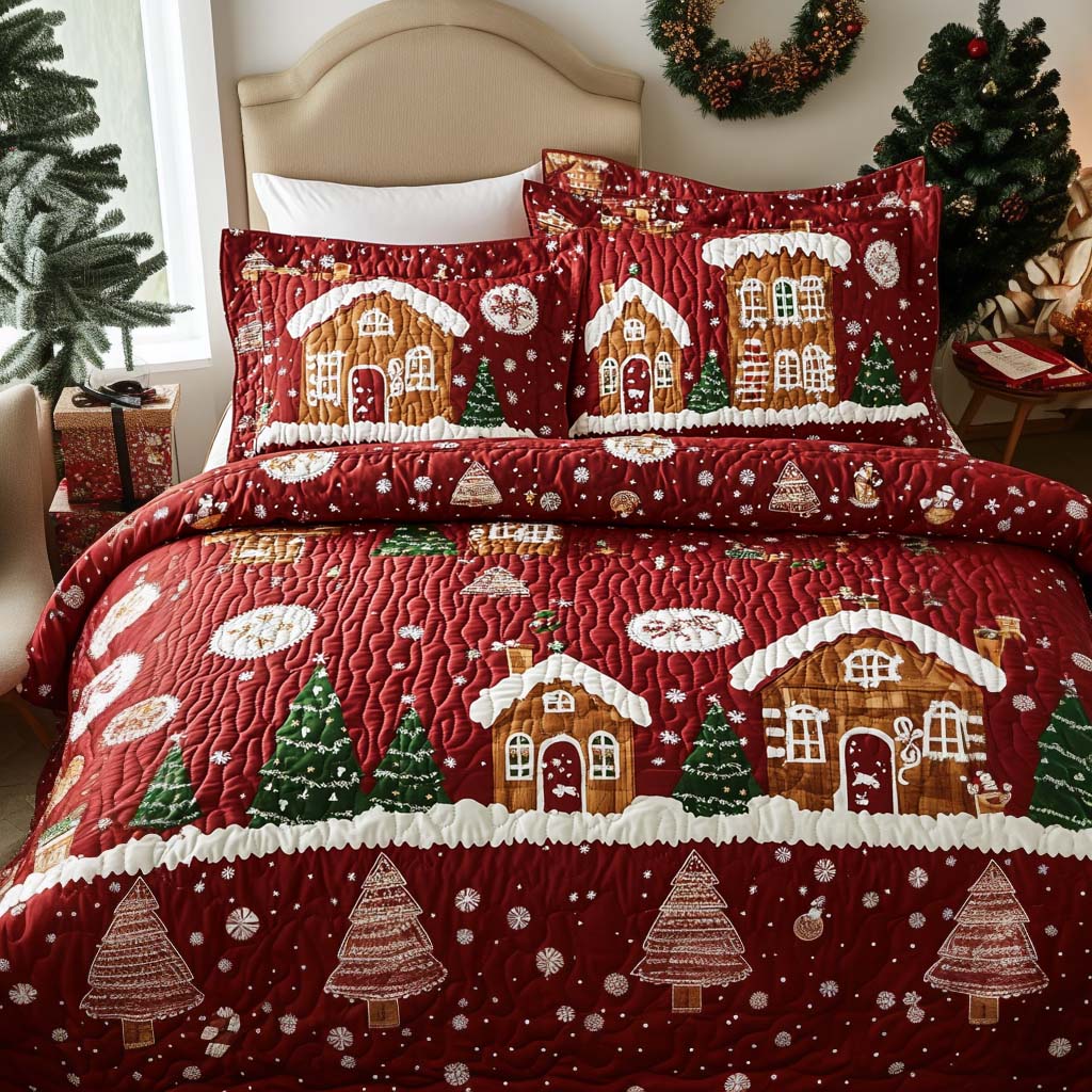 Gingerbread House Quilted Bedding Set Full Size Comforter Festive Holiday Gift For Mom