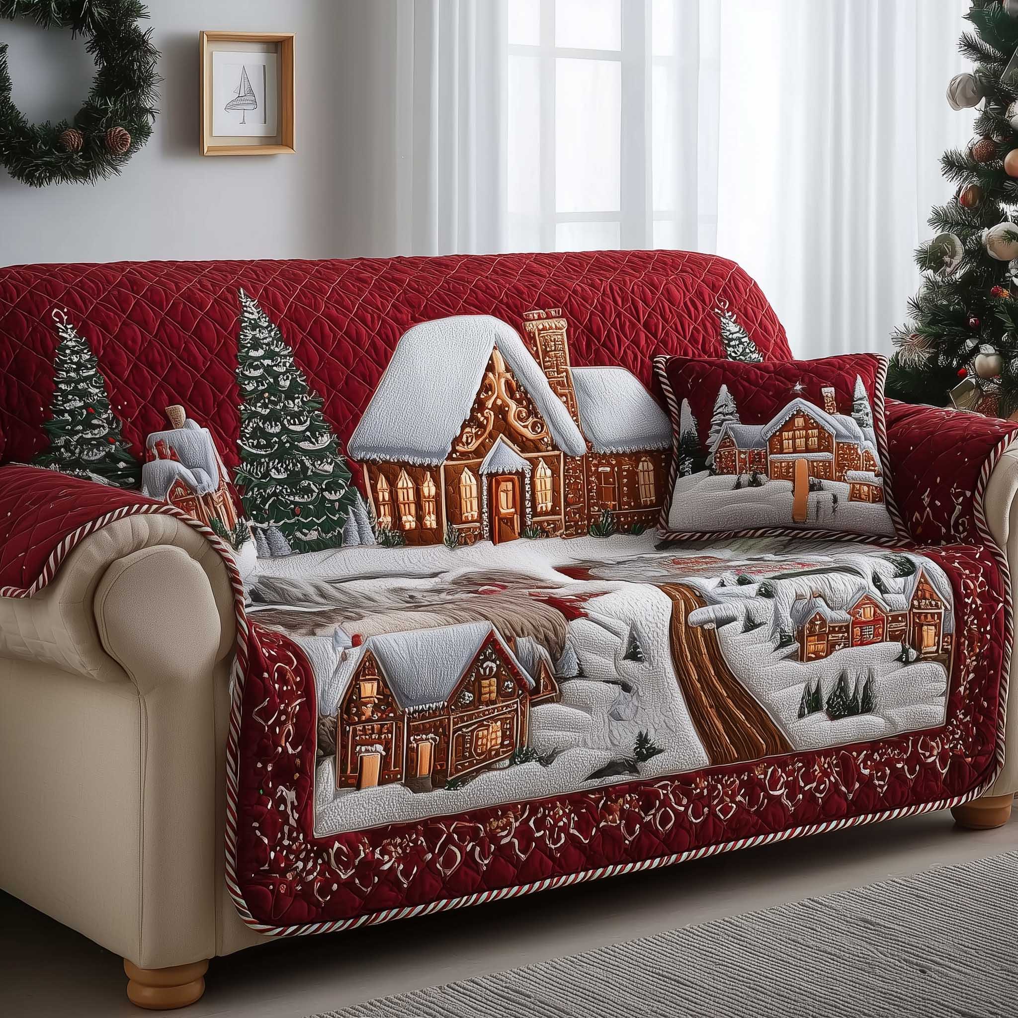 Gingerbread House Quilted Sofa Cover Cozy Sofa Throw With Christmas House Best Gift Ideas