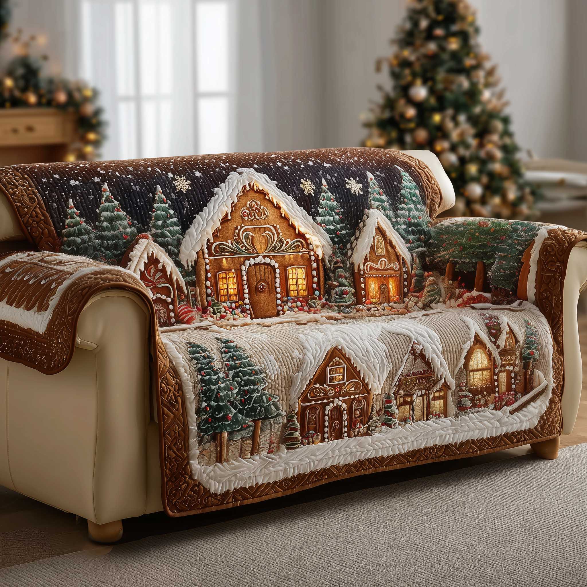 Gingerbread House Quilted Sofa Cover Xmas Decor Gingerbread Themed Gift For Sweet Lover