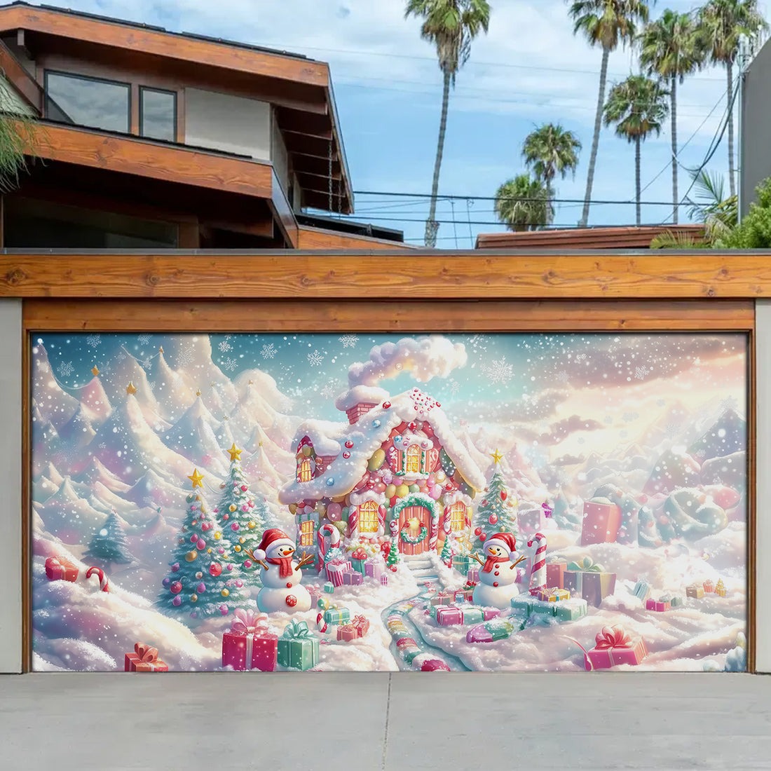 Gingerbread House Wonderland Garage Door Cover Christmas Snow Scene Outdoor Decoration